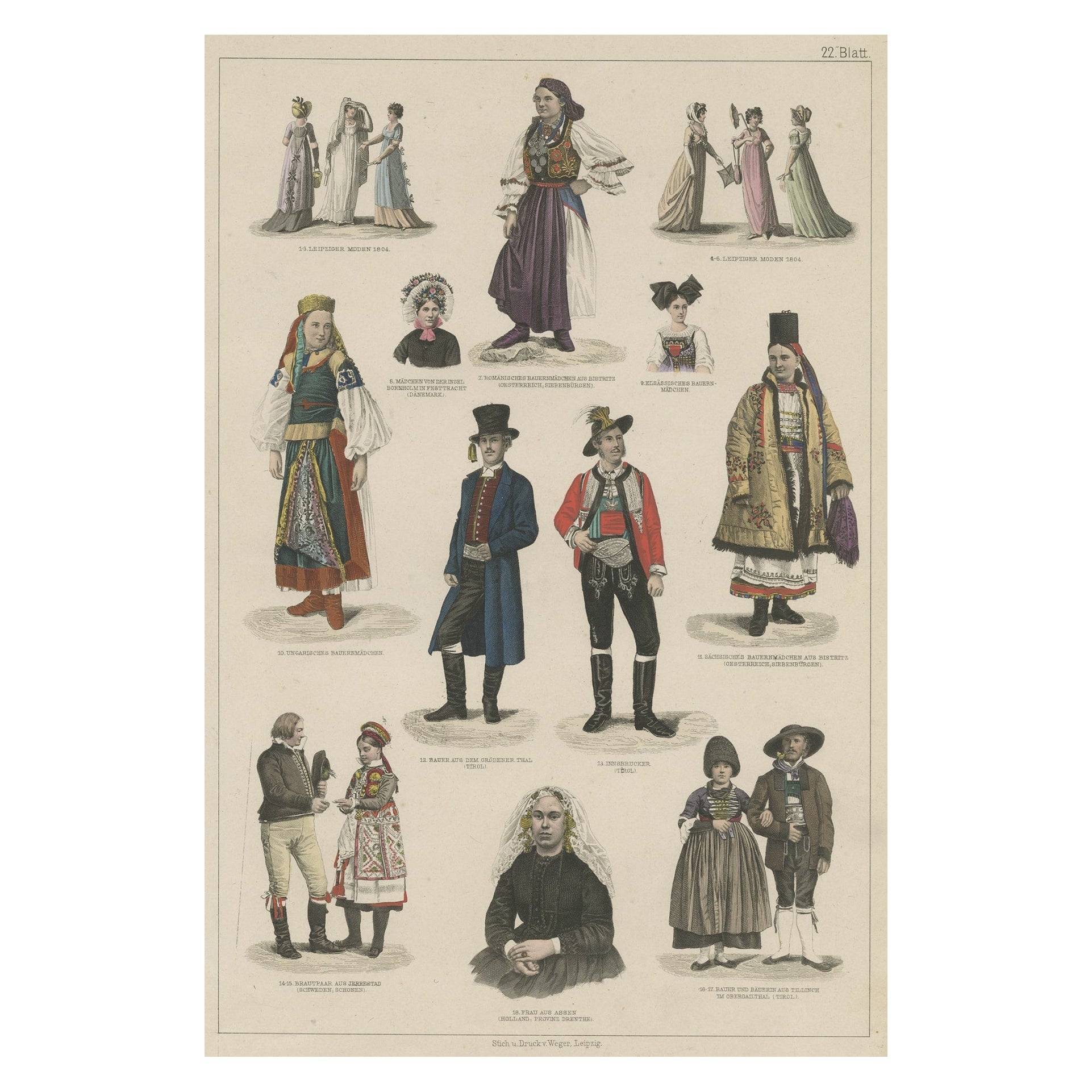 Old Prints of Costumes of Hungary, Tyrol, Sweden, Romania, Holland, Etc., Ca1875 For Sale