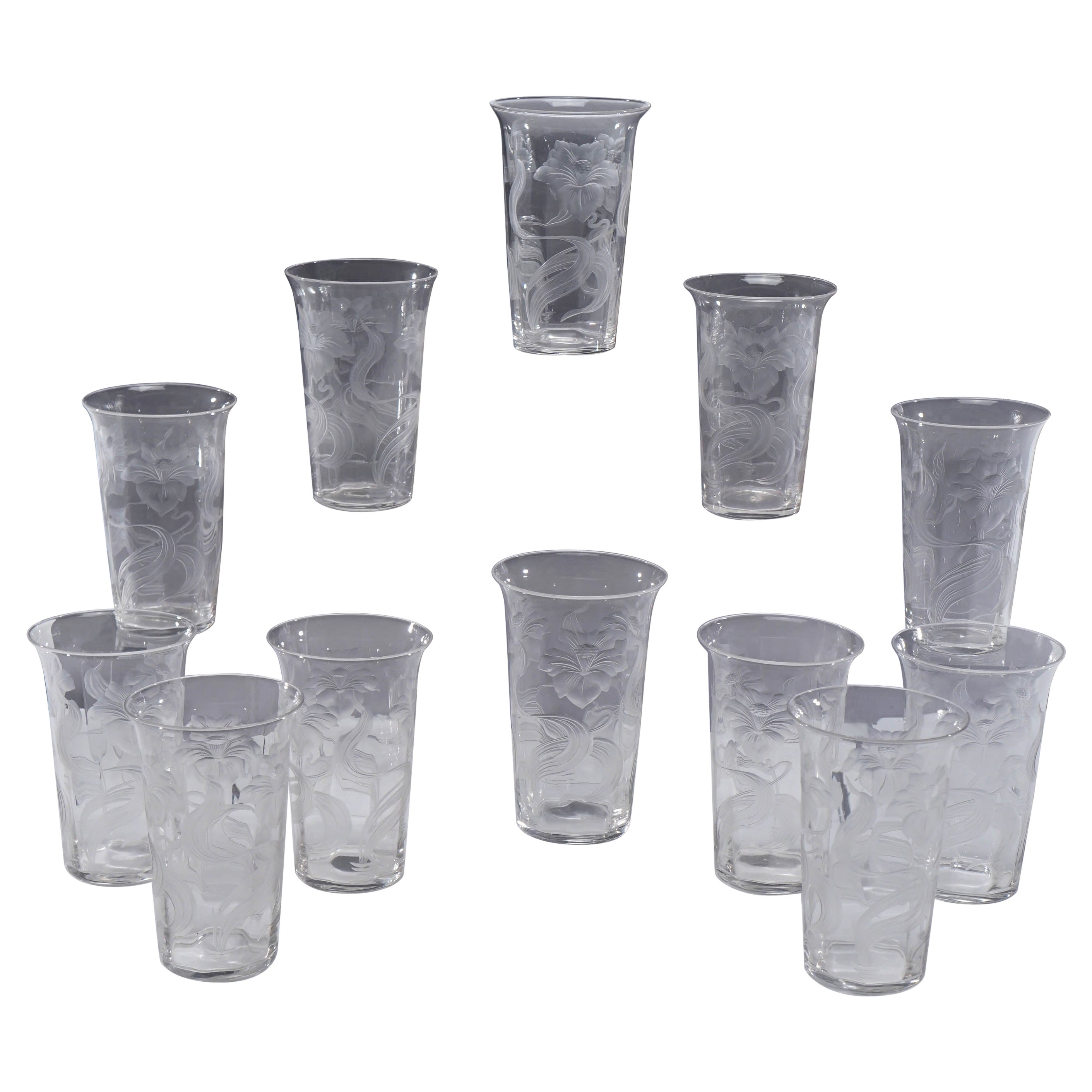 S/12 Sinclaire Vasos de Cristal Soplado Art Nouveau con Decoración de Rueda Cortada