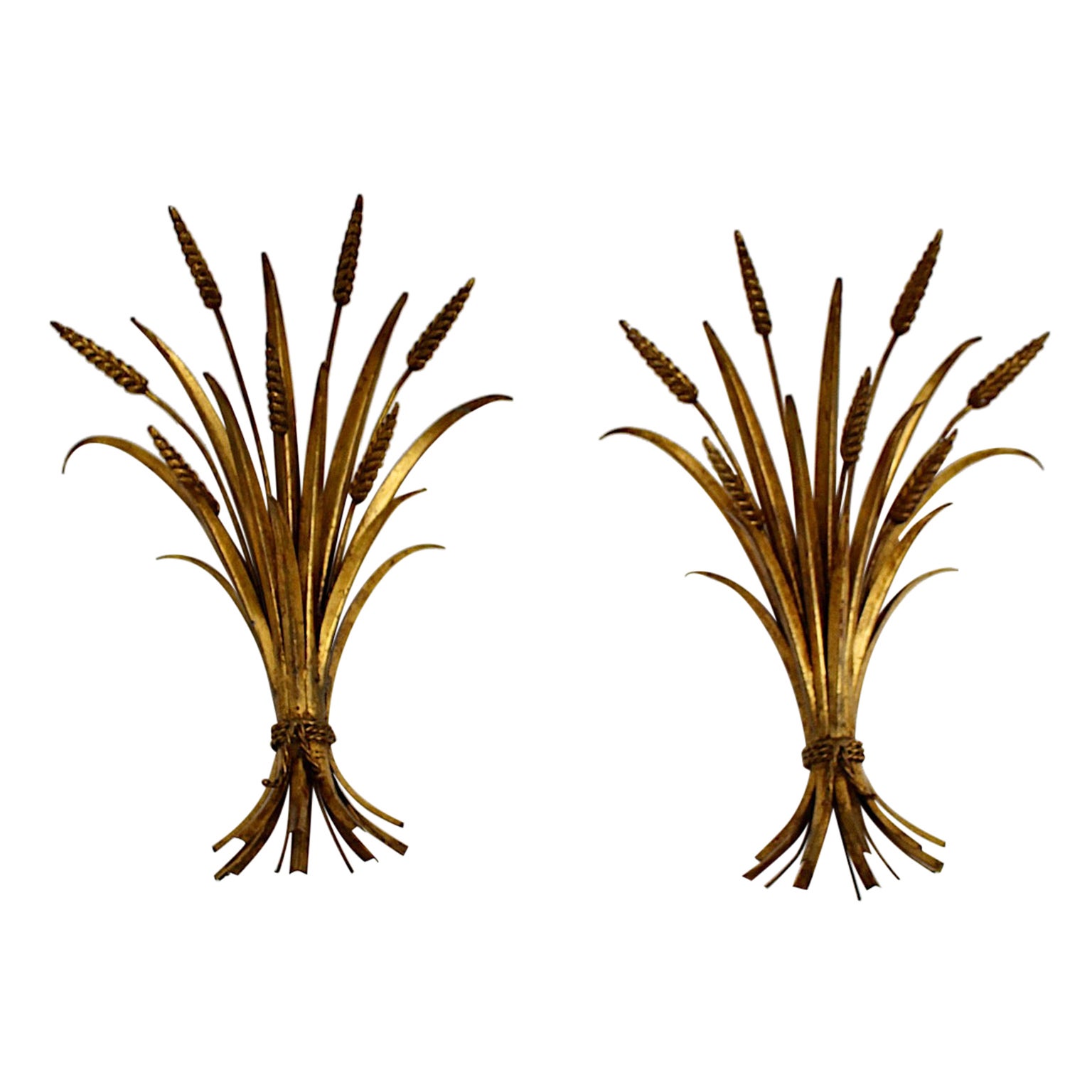 Hollywood Regency Style Golden Pair Sheaf of Wheat Appliques Sconce 1970s France