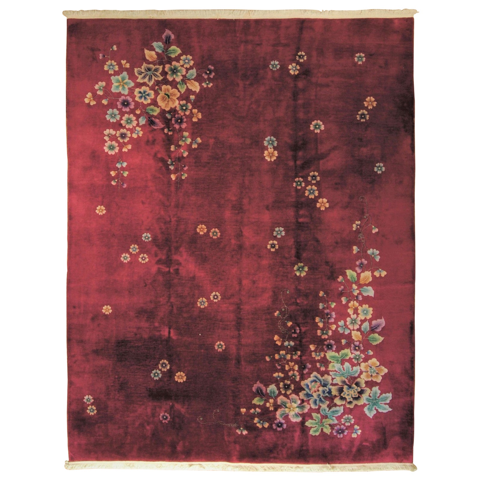 20th Century Floreal Total Pink Chinese Deco Nichols Rug No Border, ca 1930 For Sale