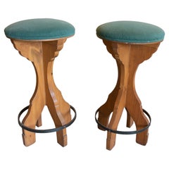 Pair of 1980s Spanish Wooden Stools with Teal Upholstered Seats