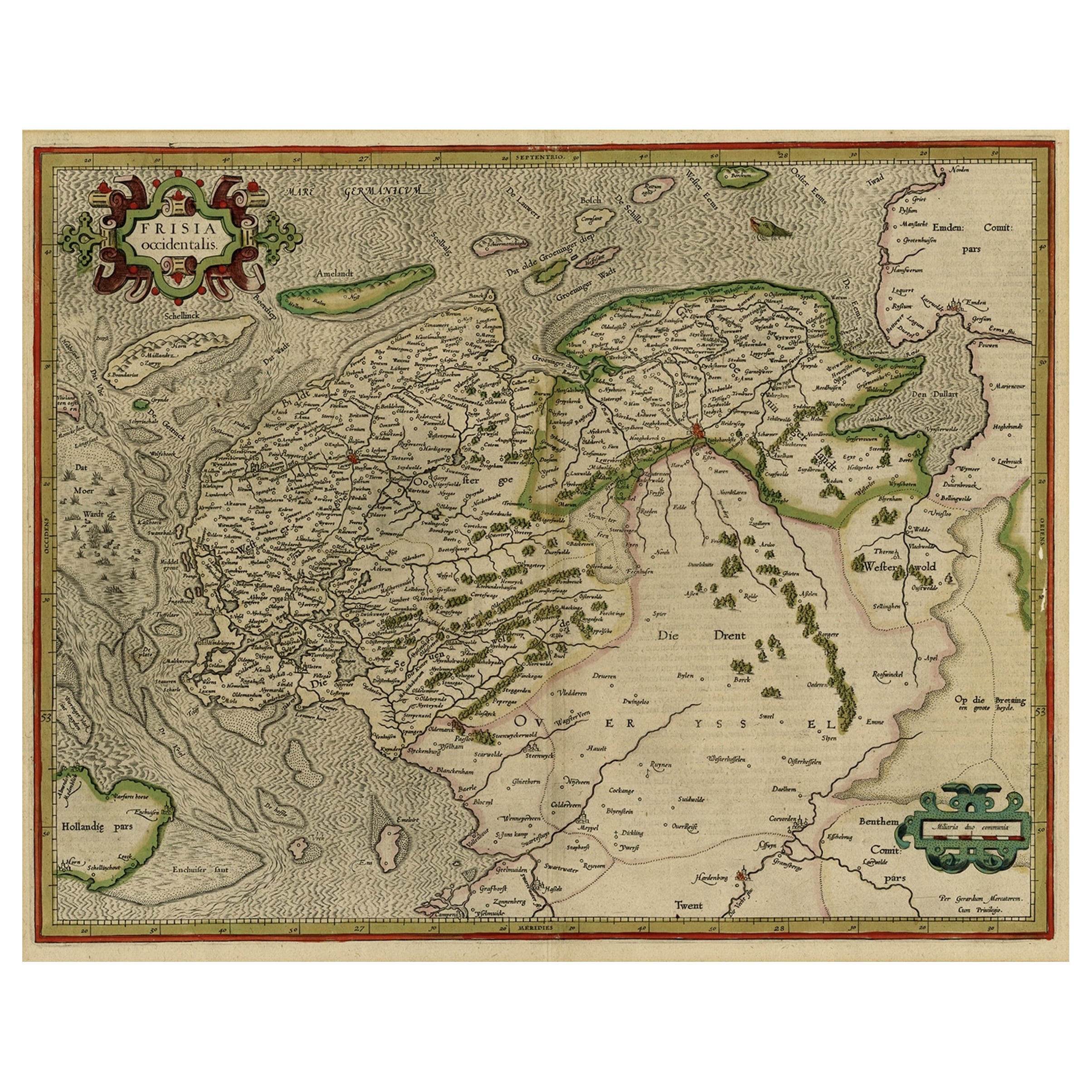 Carte ancienne des provinces néerlandaises du Friesland et de Groningen, 1604