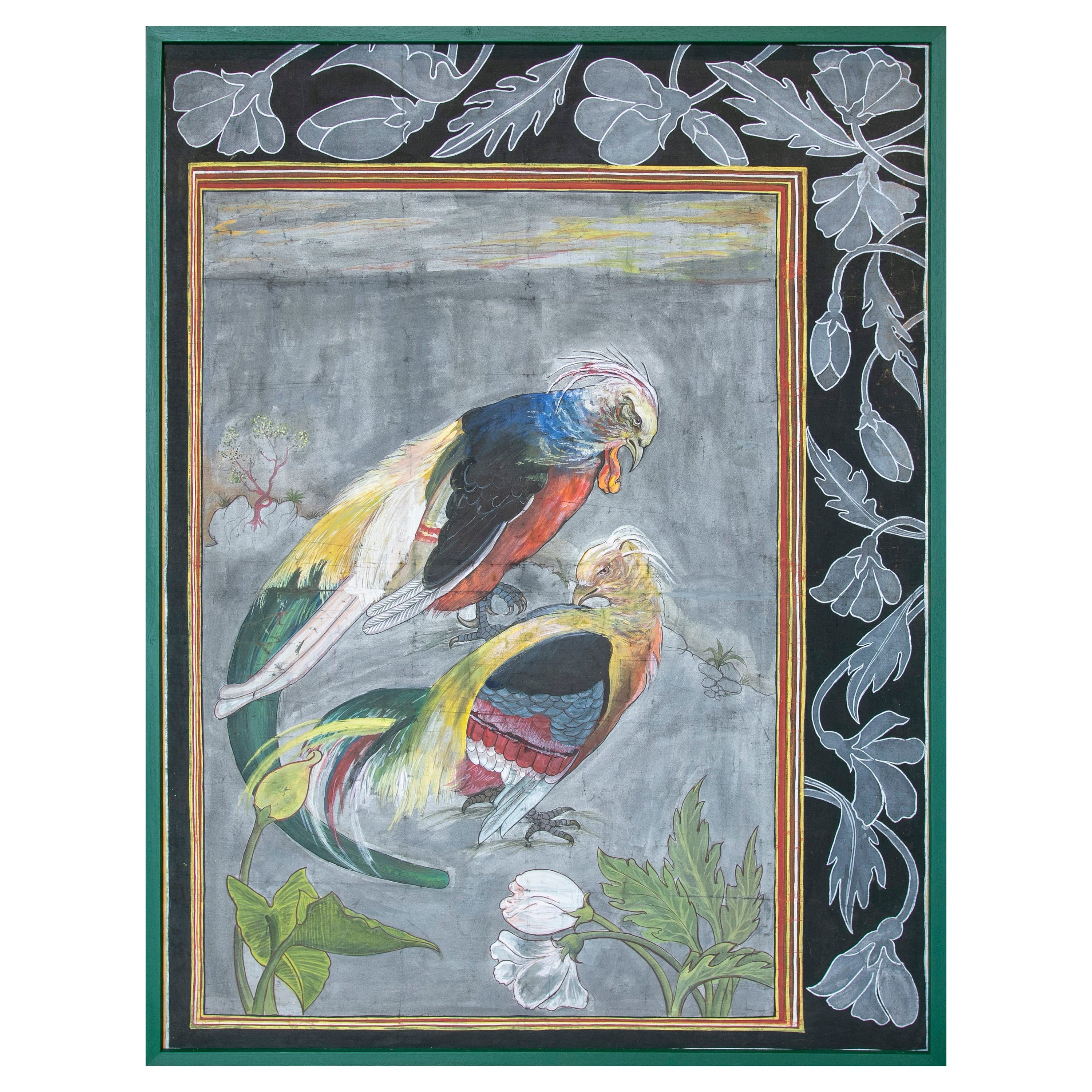 Spanische Moderne, 1970er Jahre, zwei Papageien, handgezeichnetes Gemälde auf Leinwand mit Rahmen