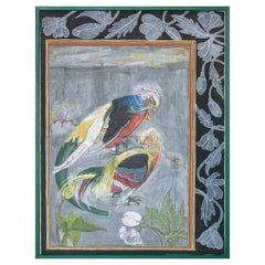 Modern 1970s Spanish Two Parrots Hand Drawn Painting on Canvas w/ Frame