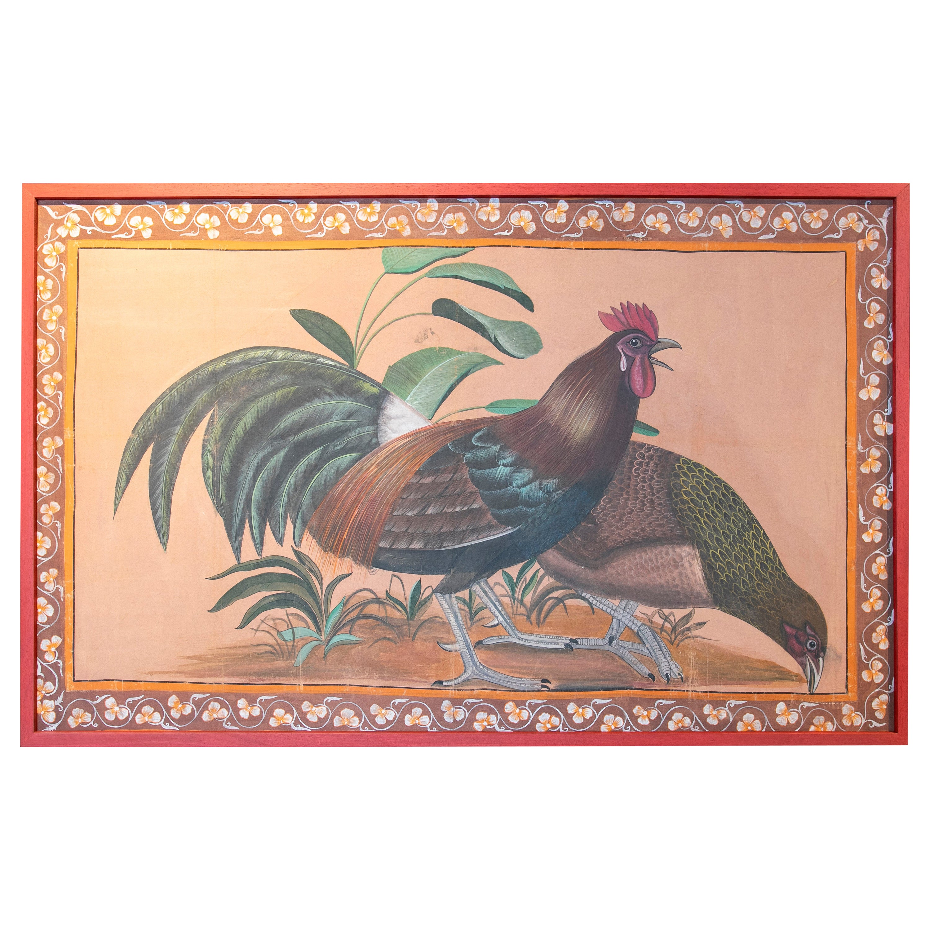 1970s Spanish Cock & Hen Hand Drawn Painting on Canvas w/ Red Frame For Sale