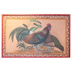 1970s Spanish Cock & Hen Hand Drawn Painting on Canvas w/ Red Frame