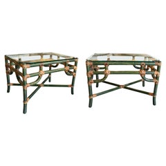 Pair of 1980s Spanish Green Bamboo & Woven Wicker Side Tables w/ Glass Tops