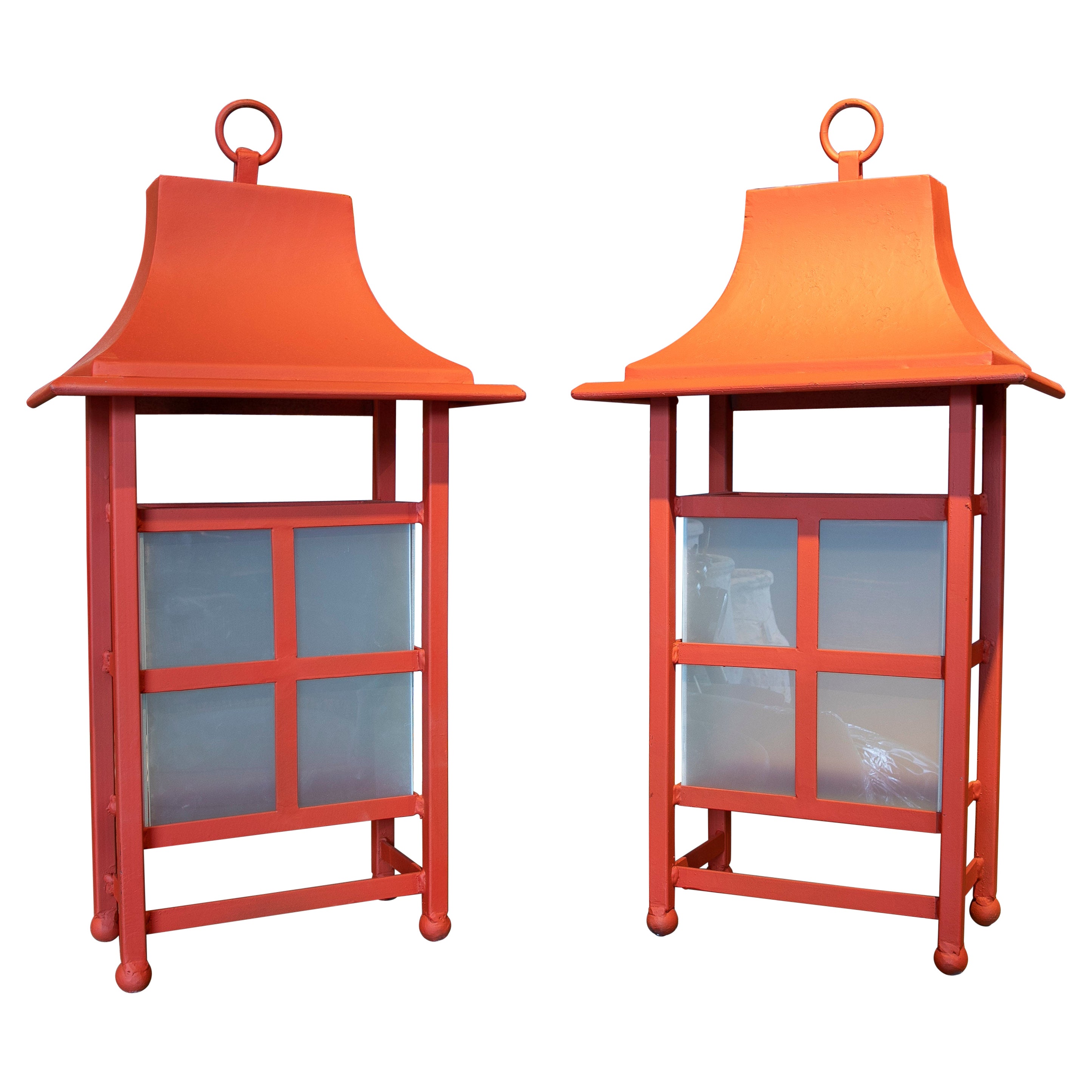 Pair of 1995 Spanish Red Iron Wall Lamp Lanterns w/ Glass Panels For Sale