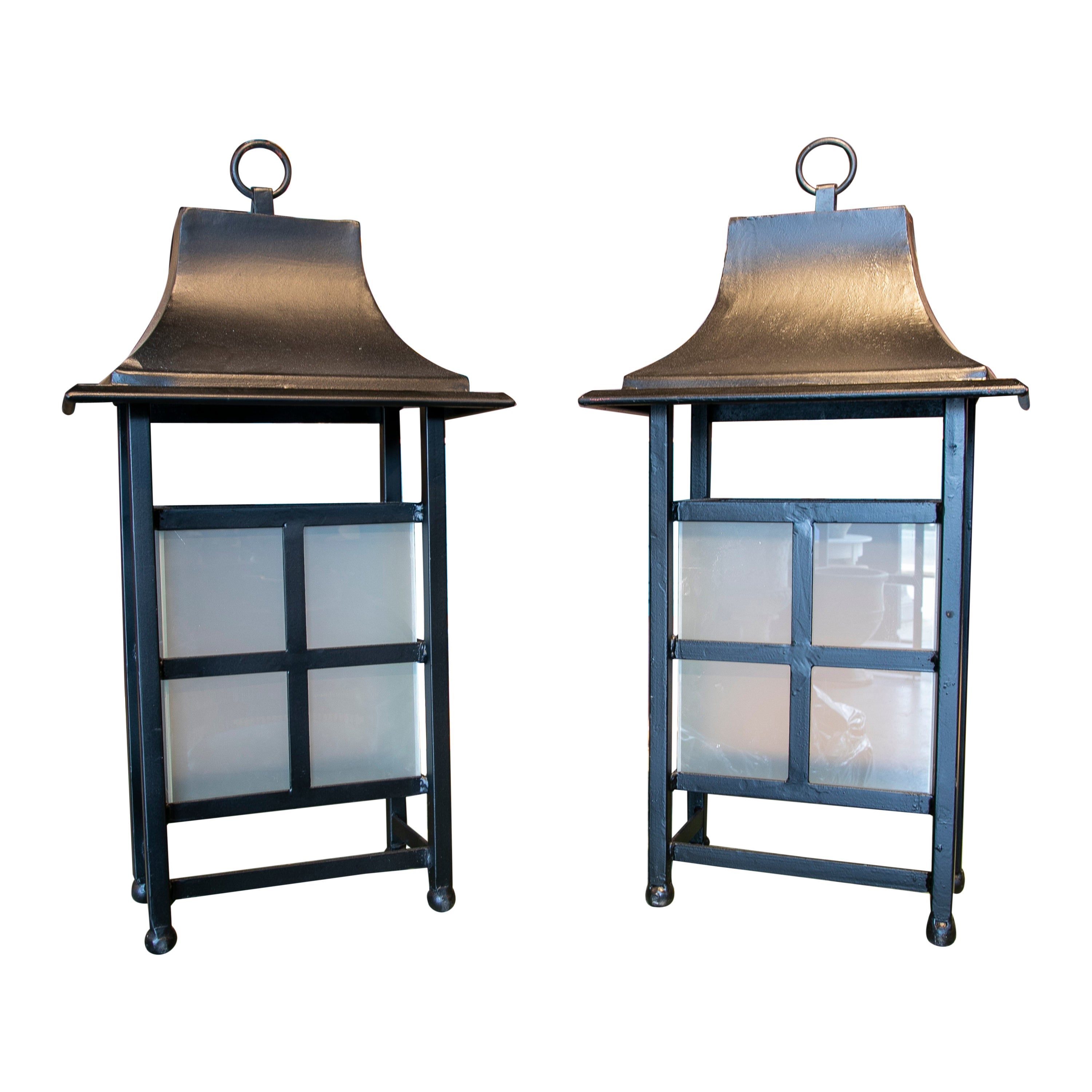 Pair of 1995 Spanish Black Iron Wall Lamp Lanterns w/ Glass Panels For Sale