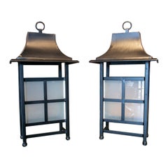Pair of 1995 Spanish Black Iron Wall Lamp Lanterns w/ Glass Panels