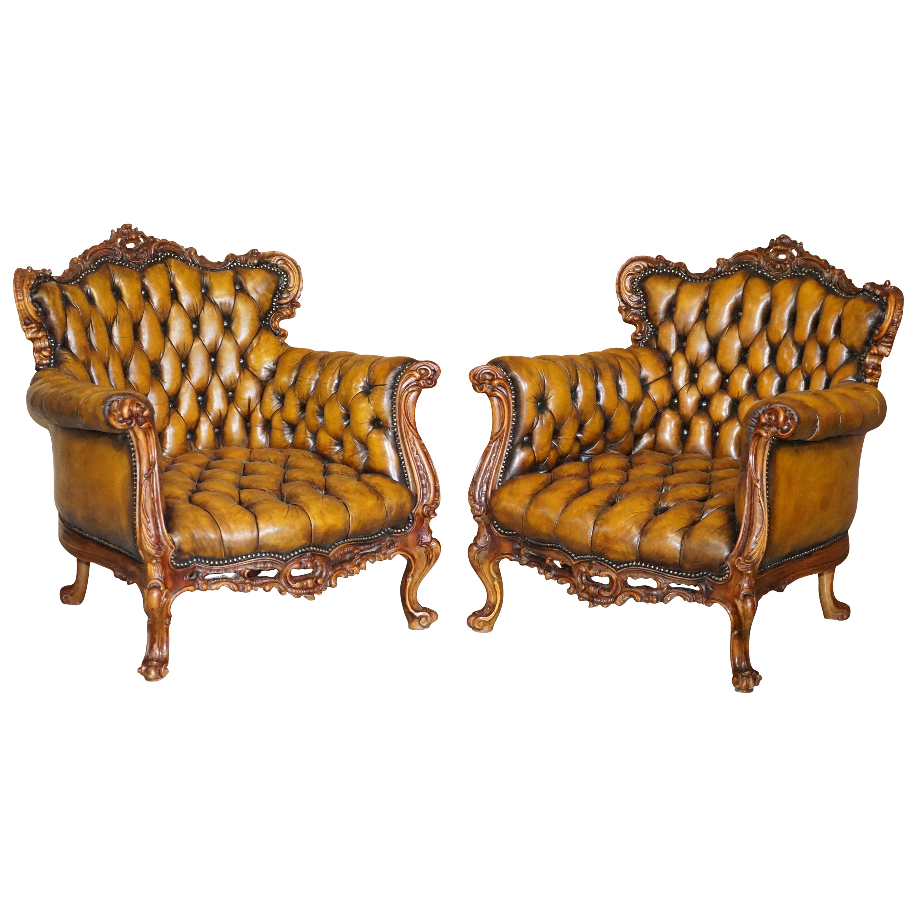 Pair of Stunning circa 1900 Carved Walnut & Brown Leather Chesterfield Armchairs