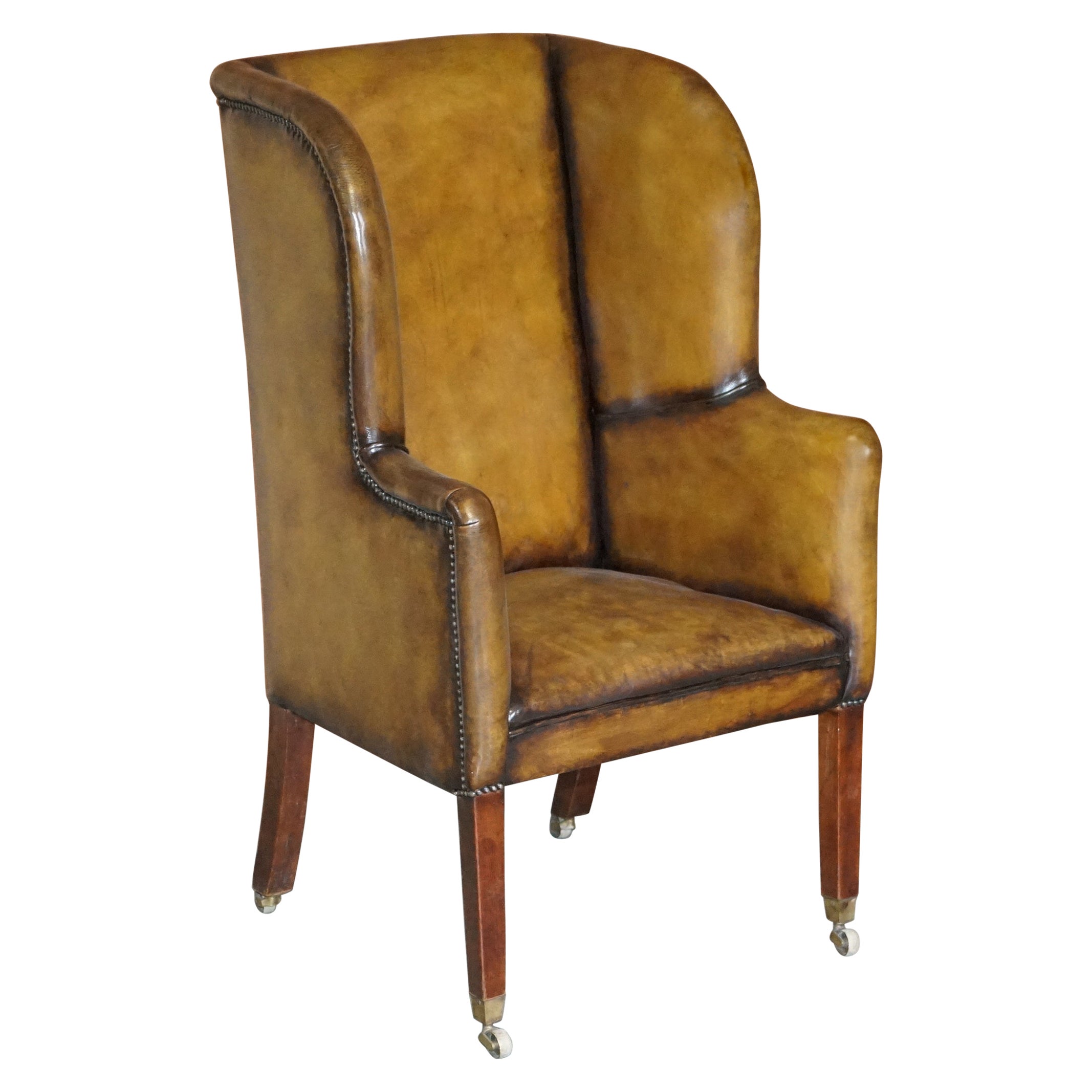 Important Antique Georgian circa 1780 Porters Wingback Armchair Brown Leather