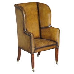 Important Antique Georgian circa 1780 Porters Wingback Armchair Brown Leather