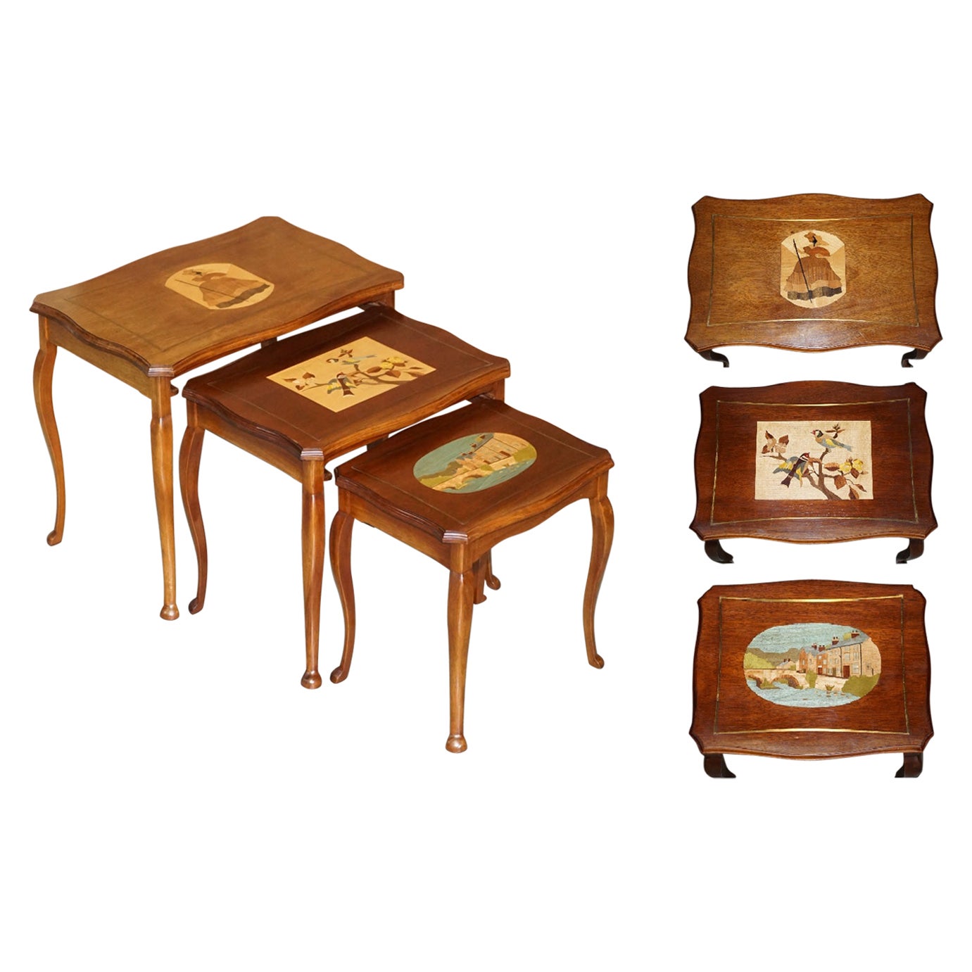 Vintage Nest of Tables with Hand Painted Marquetry Inlaid Tops Very Decorative