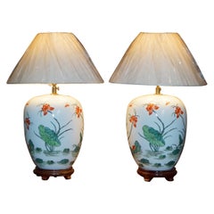 Vintage Pair of Chinese Porcelain Table Lamps Hand Painted with Flowers & Bugs