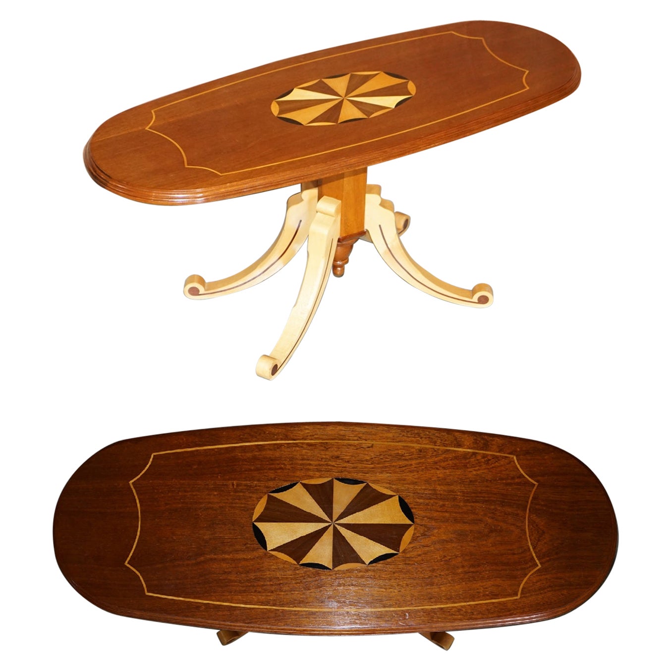 Preciosa mesa baja ovalada de arce y madera dura estilo Sheraton Revival David Linley