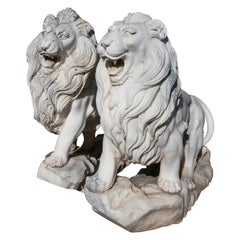 Pair of Monumental 1990s Spanish Handcarved White Marble Neoclassical Lions