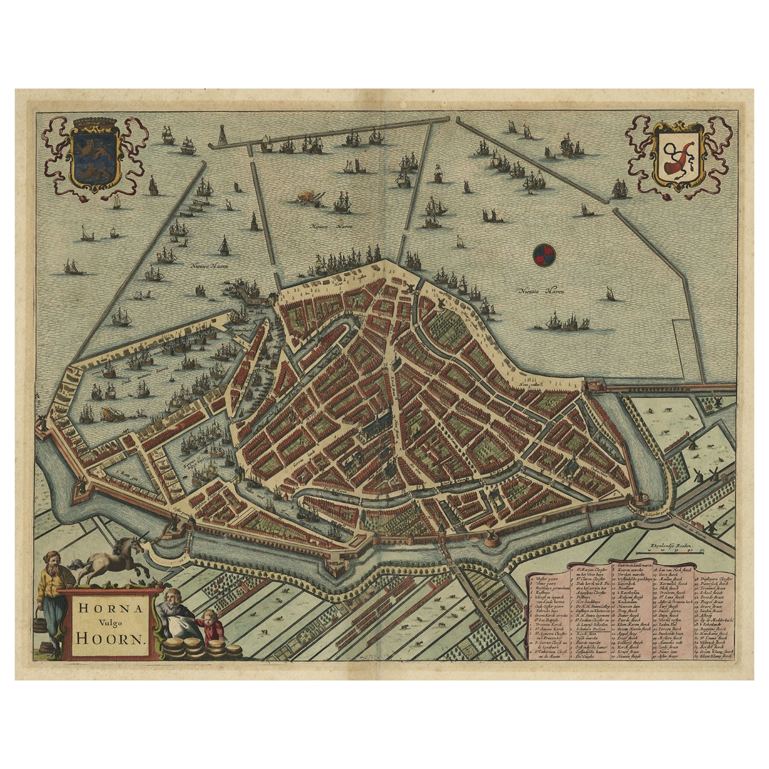 Plan original ancien d'une vue à l'œil d'oiseau de Hoorn, Pays-Bas, par Blaeu, vers 1770