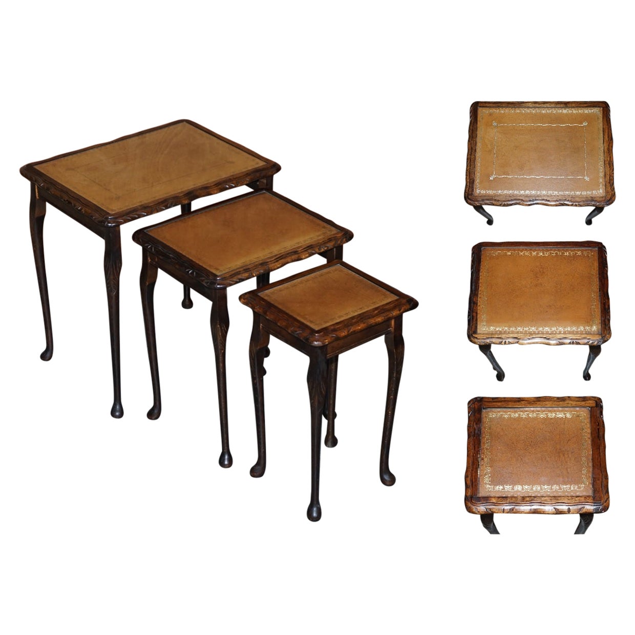 Nid vintage de trois tables en bois dur avec plateaux en cuir brun gaufré à la feuille d'or