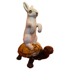 Antique Earthenware Rabbit on Turtle, Attributed to Emile Galle, French, 19th Century