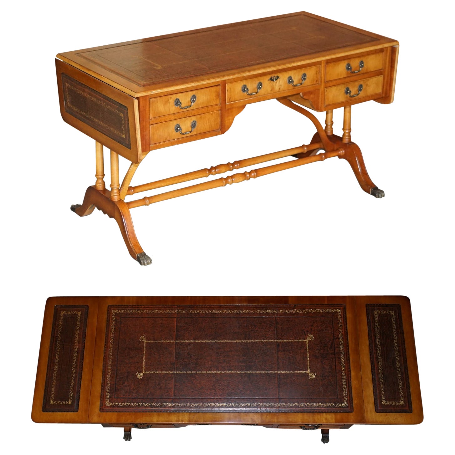 Extending Writing Table Desk, Burr Yew Wood Brown Leather Gold Leaf Embossed Top For Sale