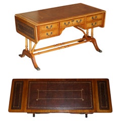 Vintage Extending Writing Table Desk, Burr Yew Wood Brown Leather Gold Leaf Embossed Top