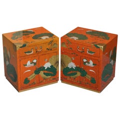 Pair of Vintage Chinese Lacquered Side End Bedside Tables Ducks Hand Painted