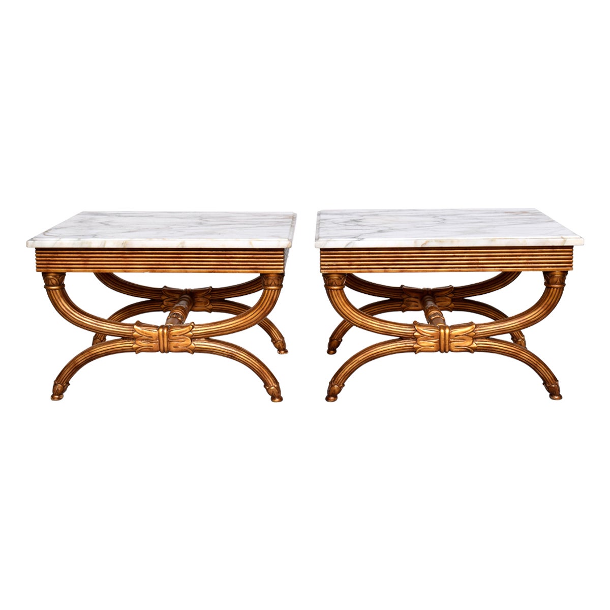 Neoclassical Style Curule Leg Marble Top Tables, Pair For Sale