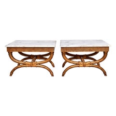 Neoclassical Style Curule Leg Marble Top Tables, Pair
