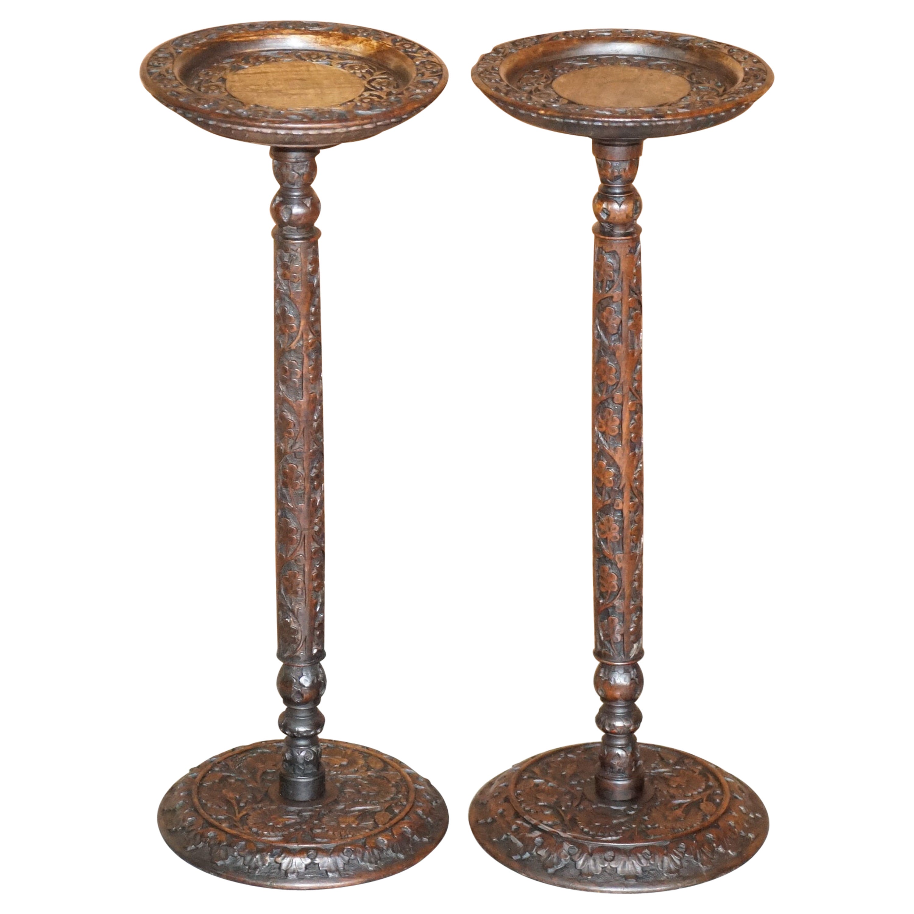Pair of Antique circa 1900 Heavily Carved Anglo Indian Jardiner Pedestal Stands