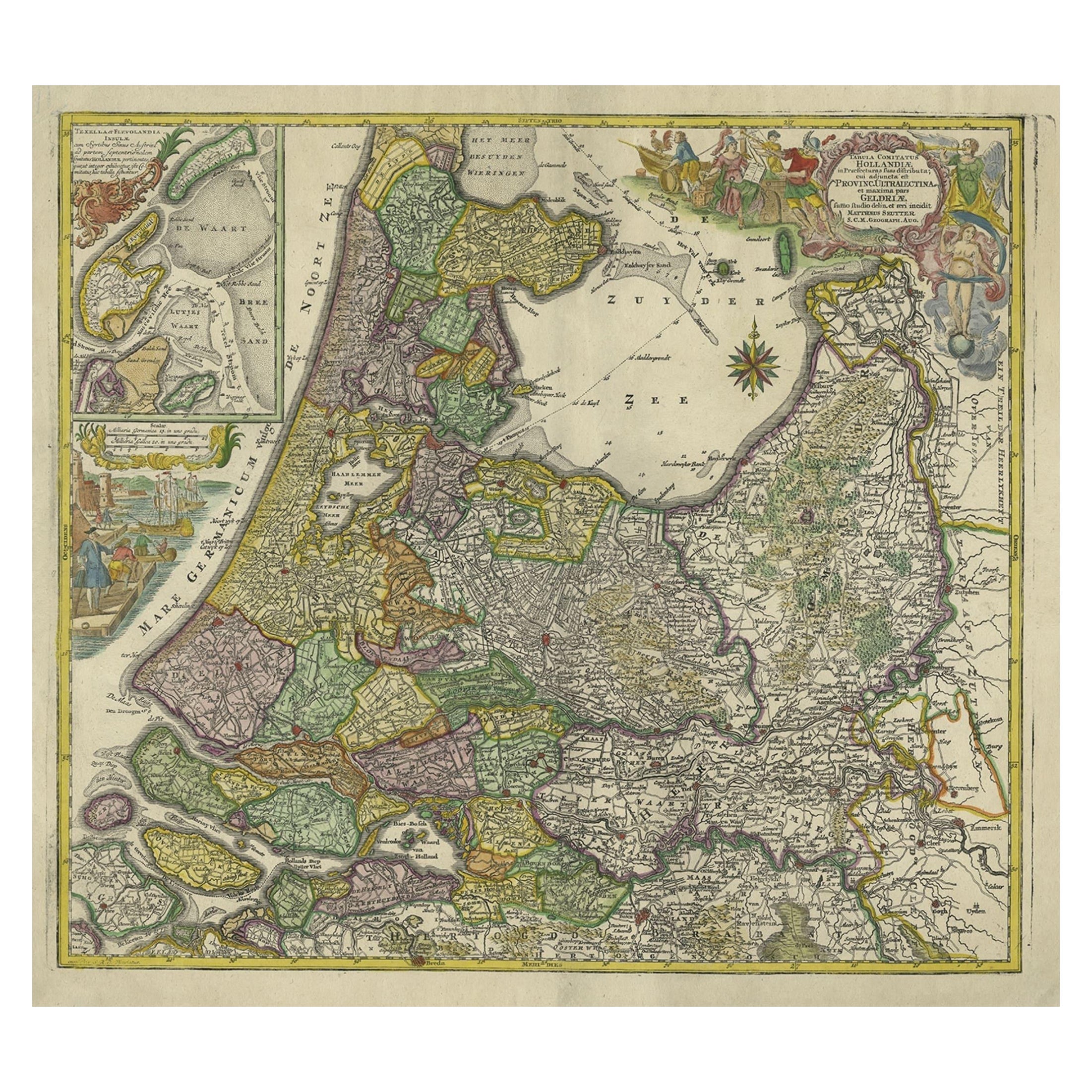 Antique Map of the Northwestern Netherlands, incl Texel and Vlieland, ca.1741