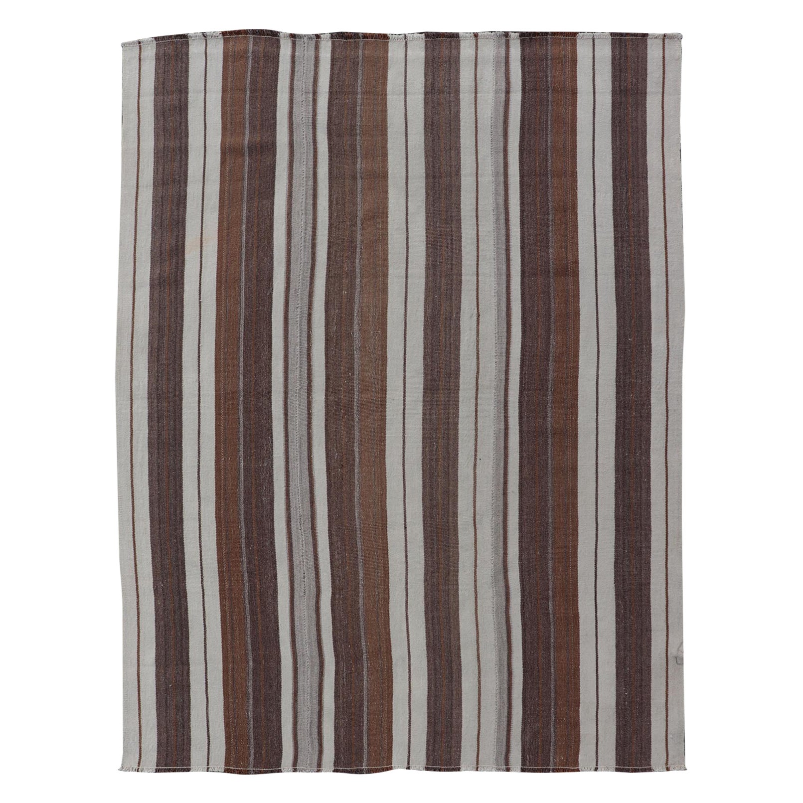 Stripe Design Turkish Vintage Flat-Weave Rug in Brown, Cognac, Ivory, and Gray