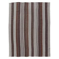 Stripe Design Turkish Vintage Flat-Weave Rug in Brown, Cognac, Ivory, and Gray