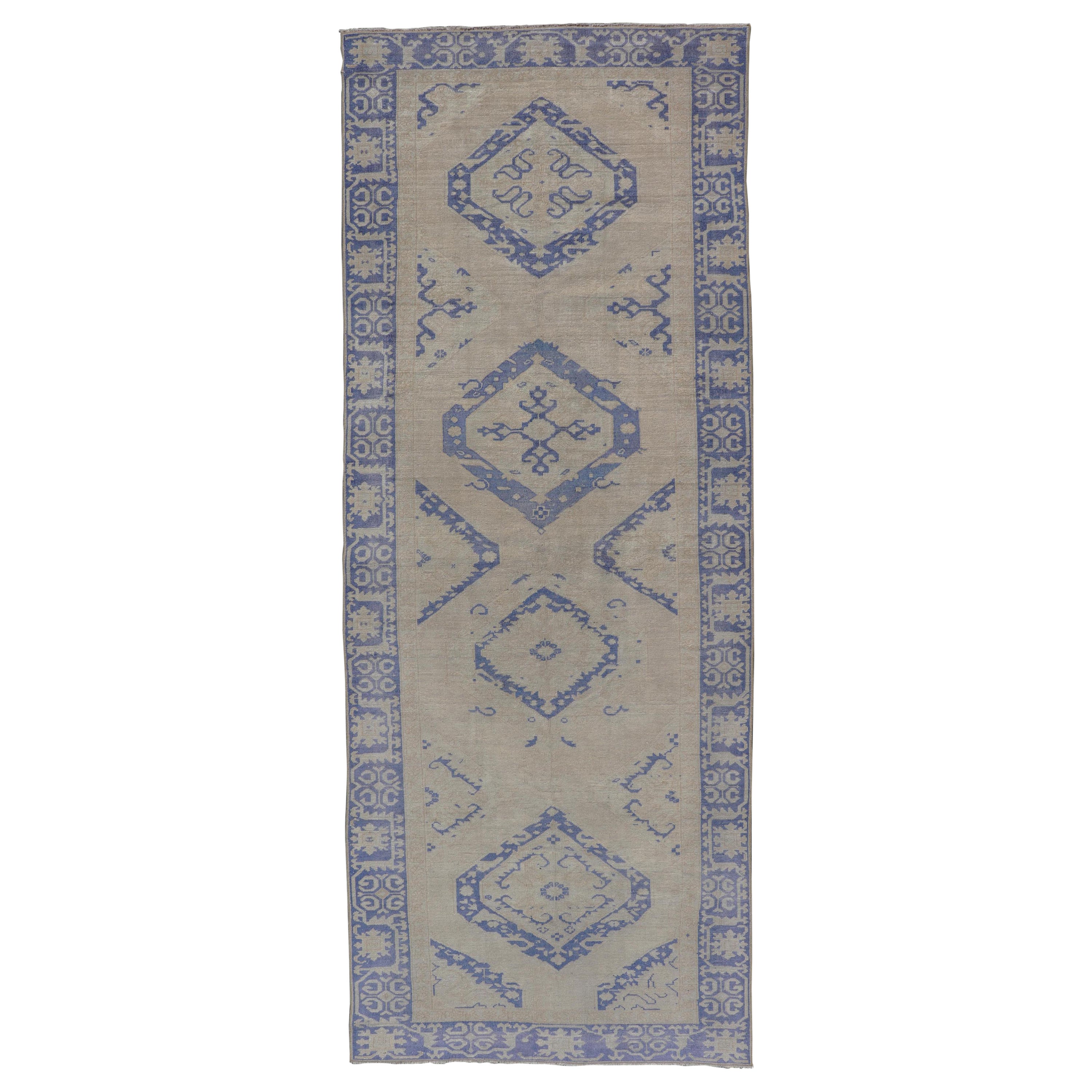 Turkish Oushak Gallery Rug in Blue and Cream with Geometric Design For Sale