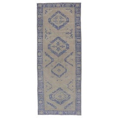 Vintage Turkish Oushak Gallery Rug in Blue and Cream with Geometric Design