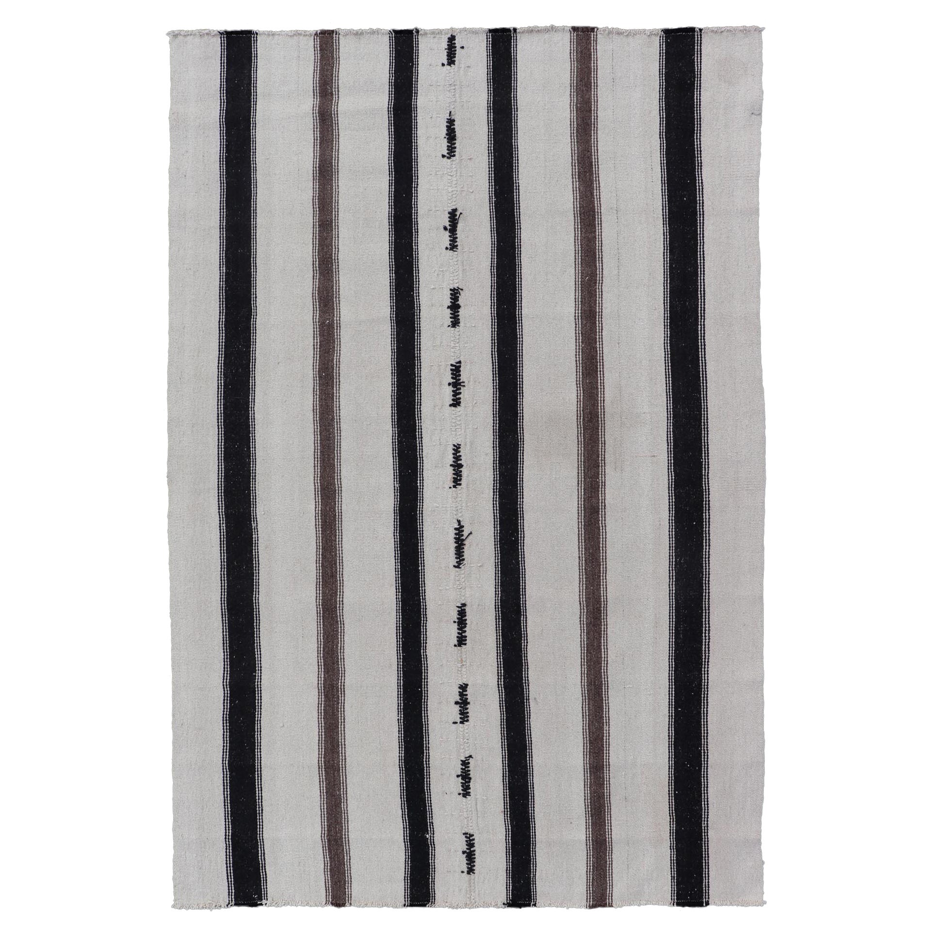 Vintage Turkish Kilim with Stripes in Ivory and Shades of Brown For Sale