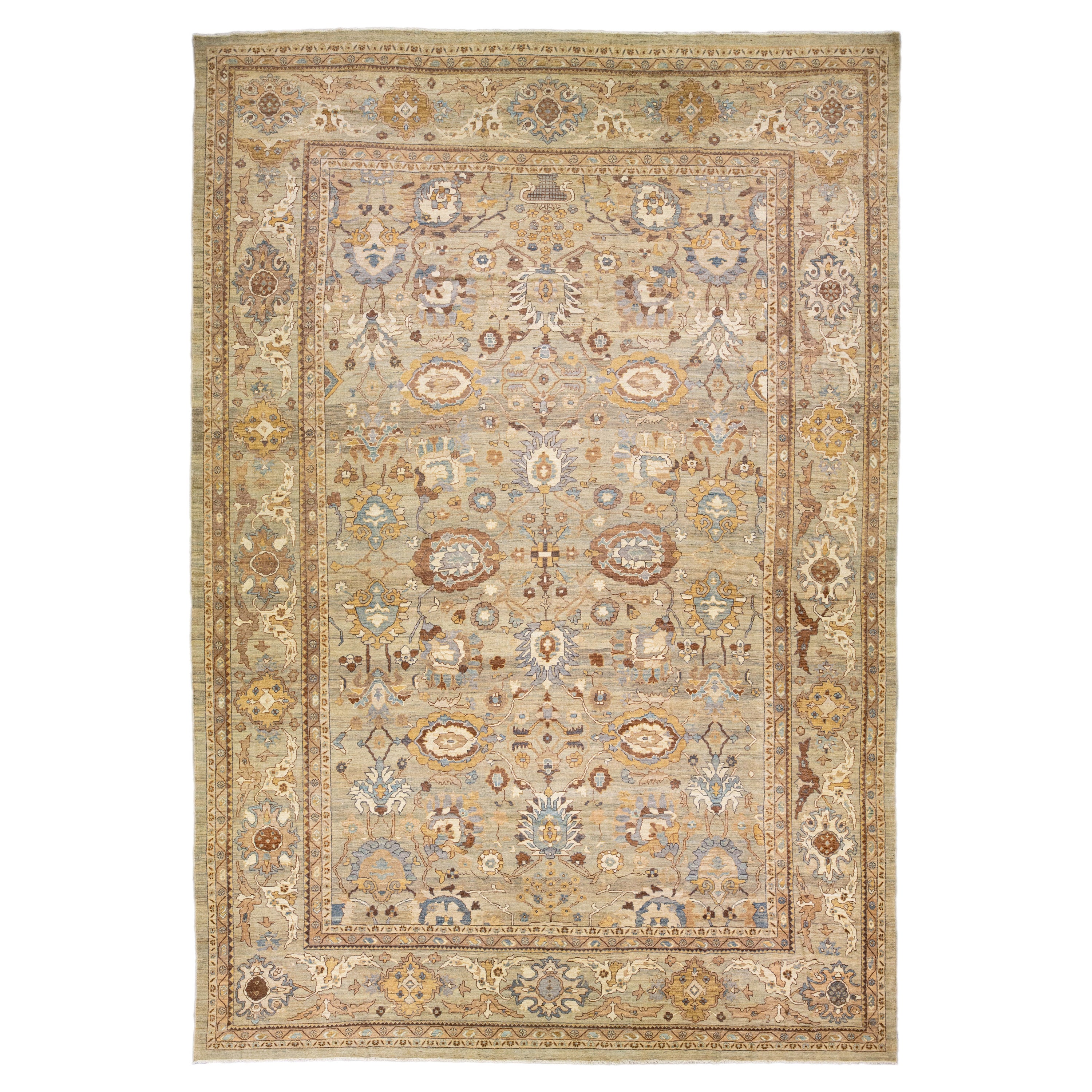 Modern Sultanabad Oversize Handmade Floral Beige And Gray Wool Rug For