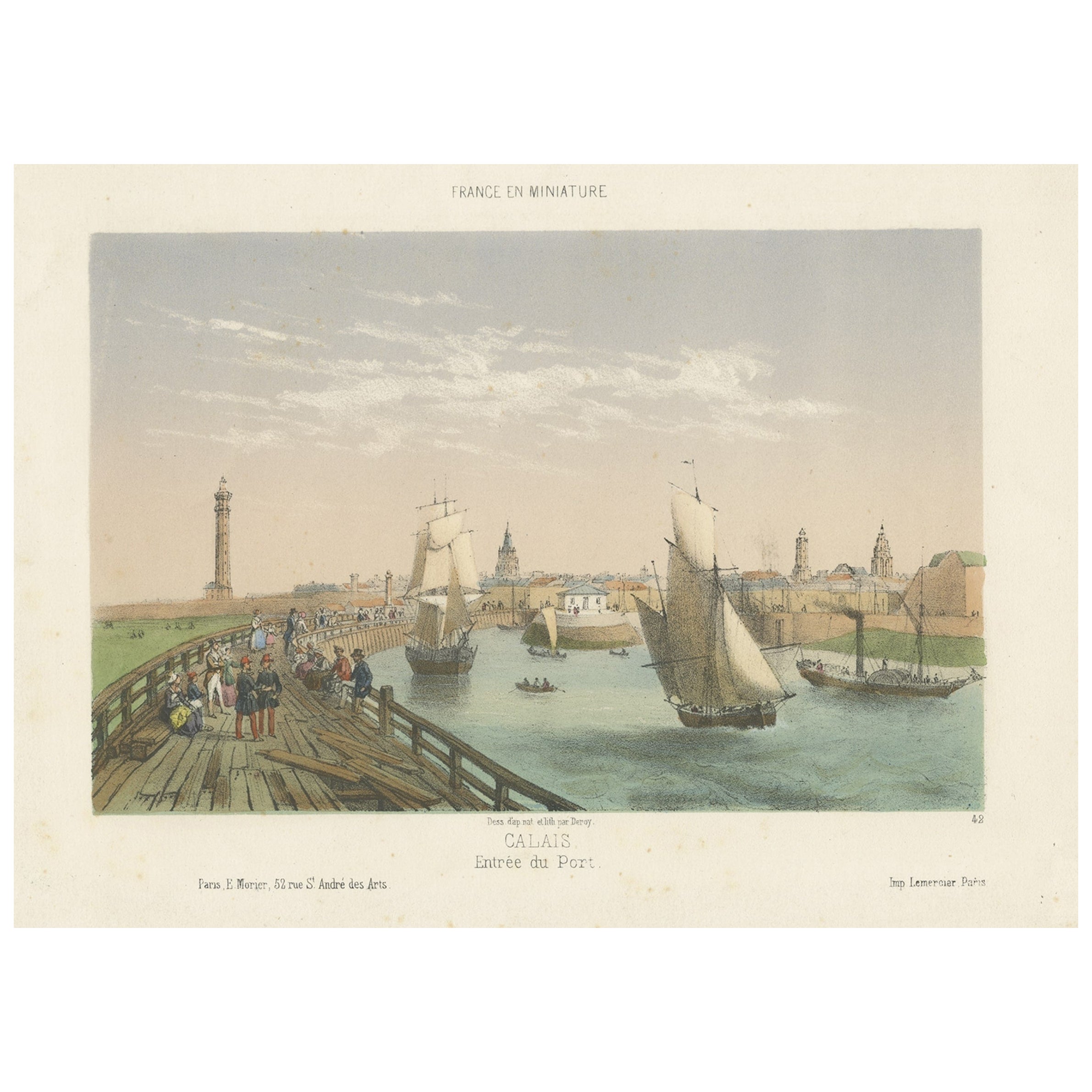 Original Antique Print of the Port of Calais, France, ca.1860