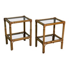 Mid Century Italian Pair of Bamboo and Glass Side Table or Night Stand