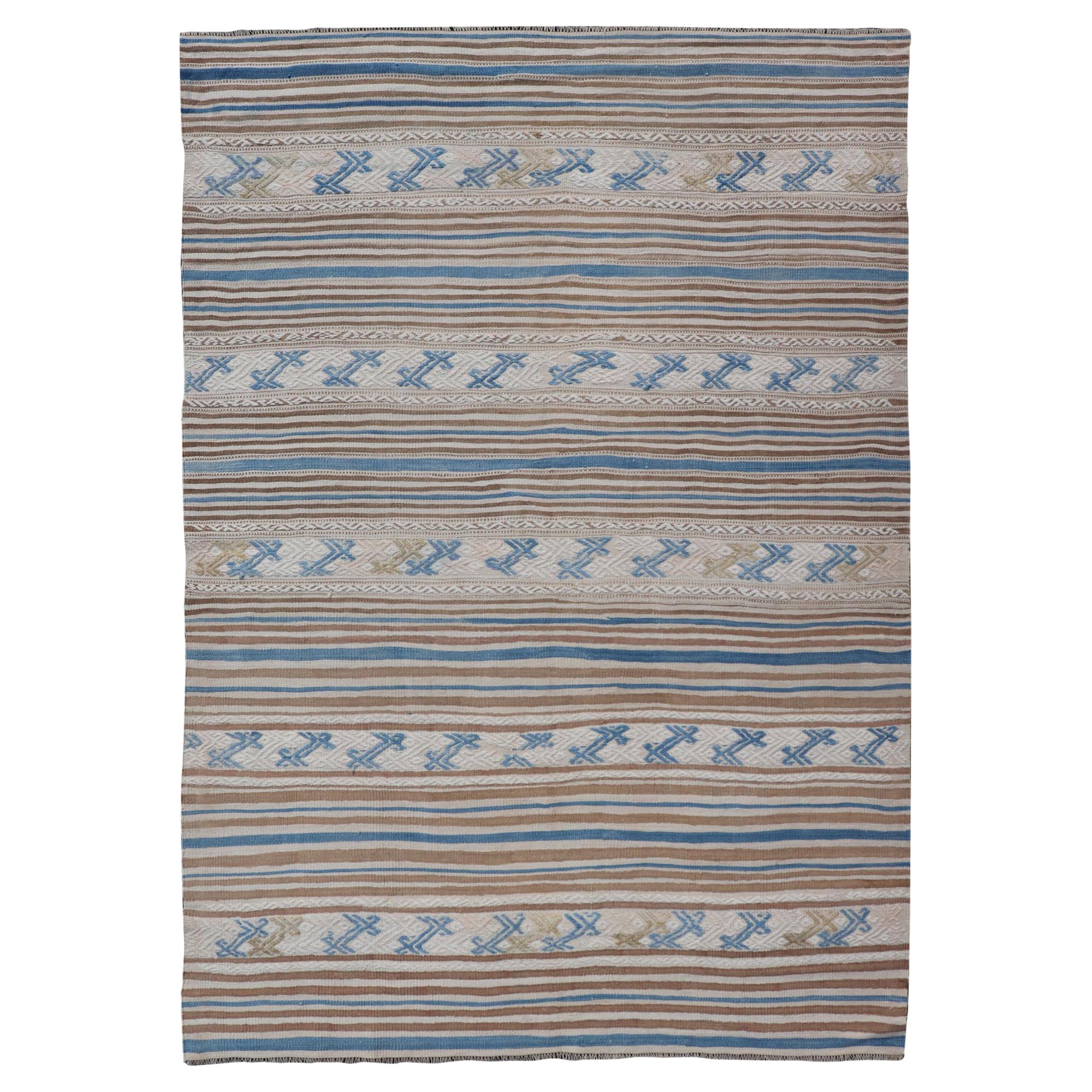 Turkish Hand Woven Flat-Weave Embroideries Kilim in Taupe, Brown, and Blue 
