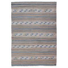 Turkish Hand Woven Flat-Weave Embroideries Kilim in Taupe, Brown, and Blue 