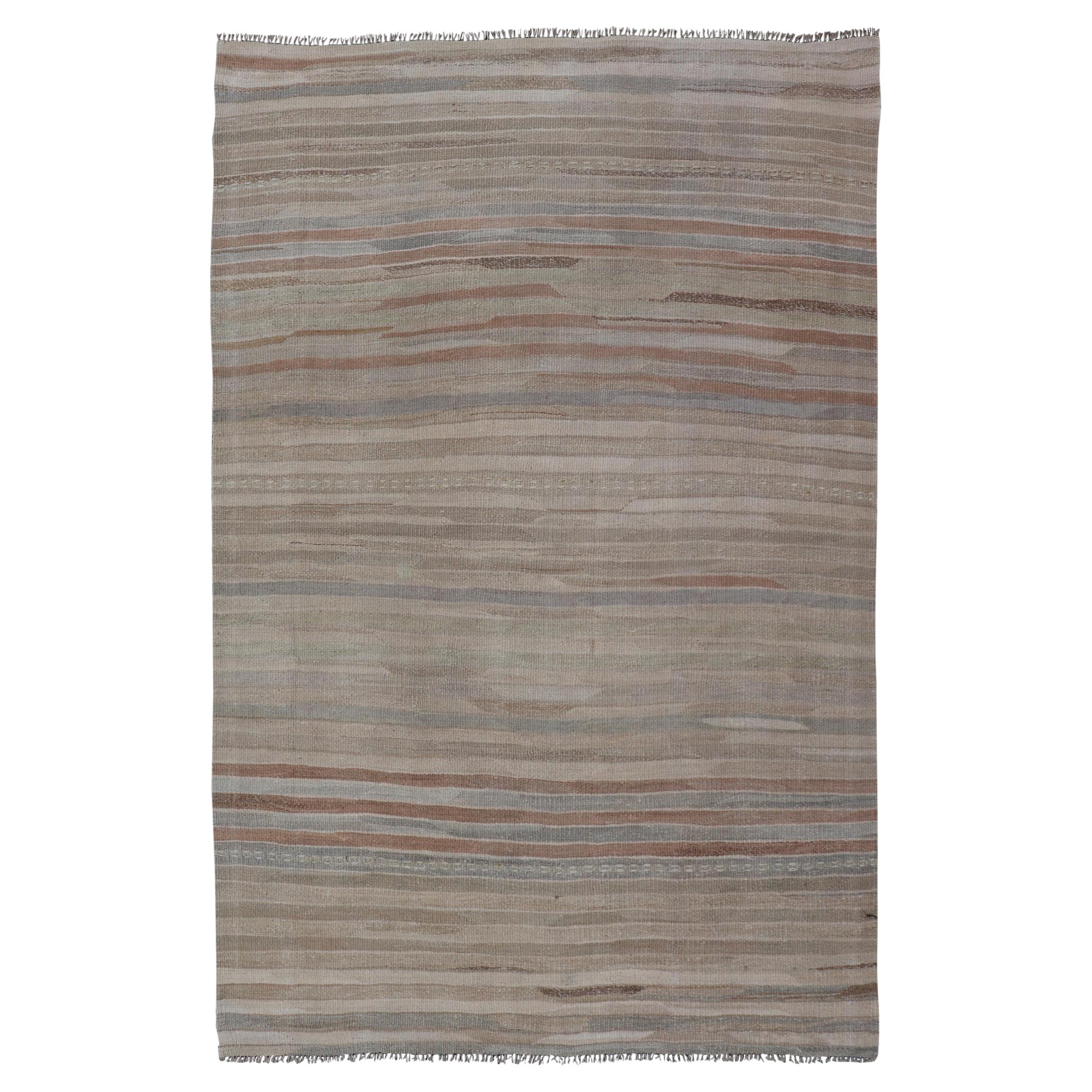 Minimalist Striped Design Vintage Turkish Kilim with Neutral Tones For Sale