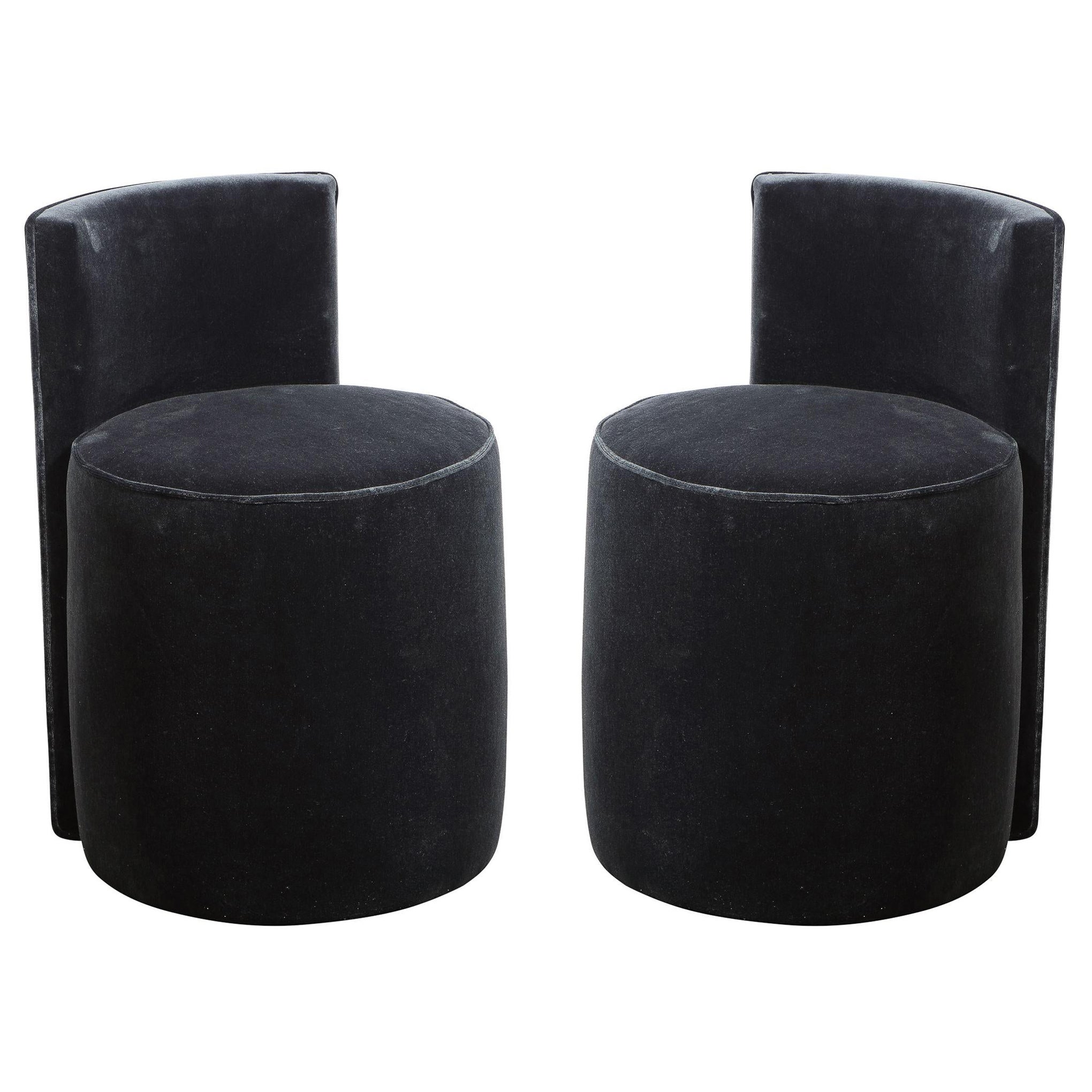 Pair of Mid-Century Modern Geometric Graphic Slate Mohair Stools/ Chairs