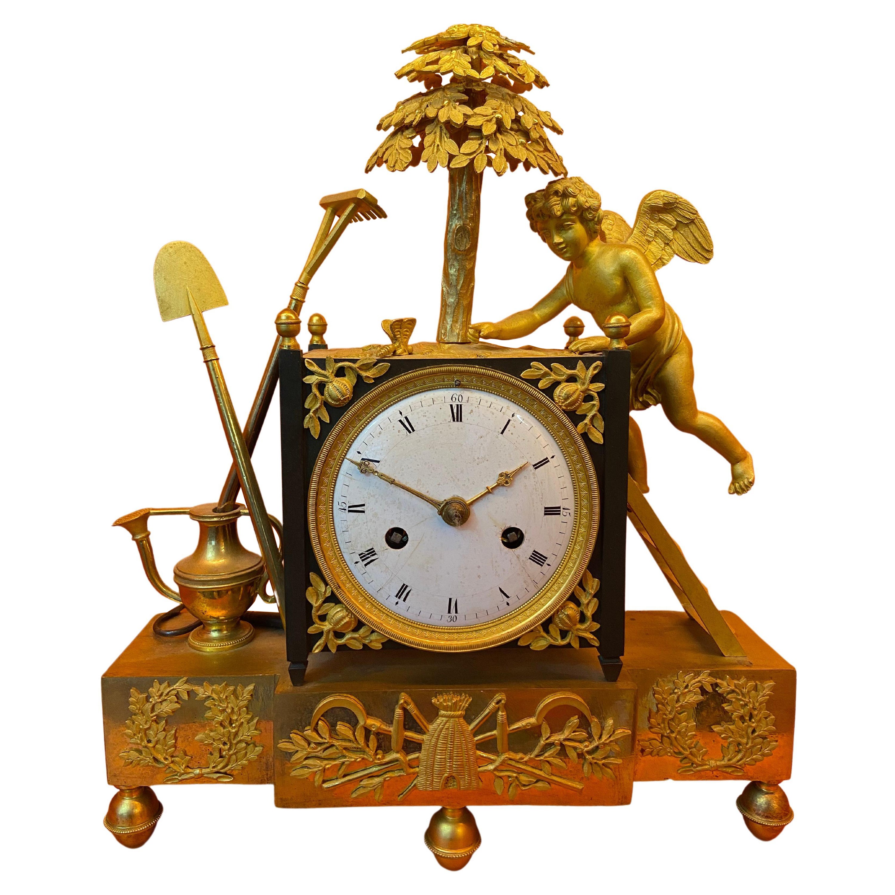 Gilt Bronze Table Clock « the Gardener Angel » French Work, Circa 1805 For Sale