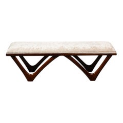 Itialian Mid Century Modern Sculptural Graphic Walnut & Taupe Velvet Bench