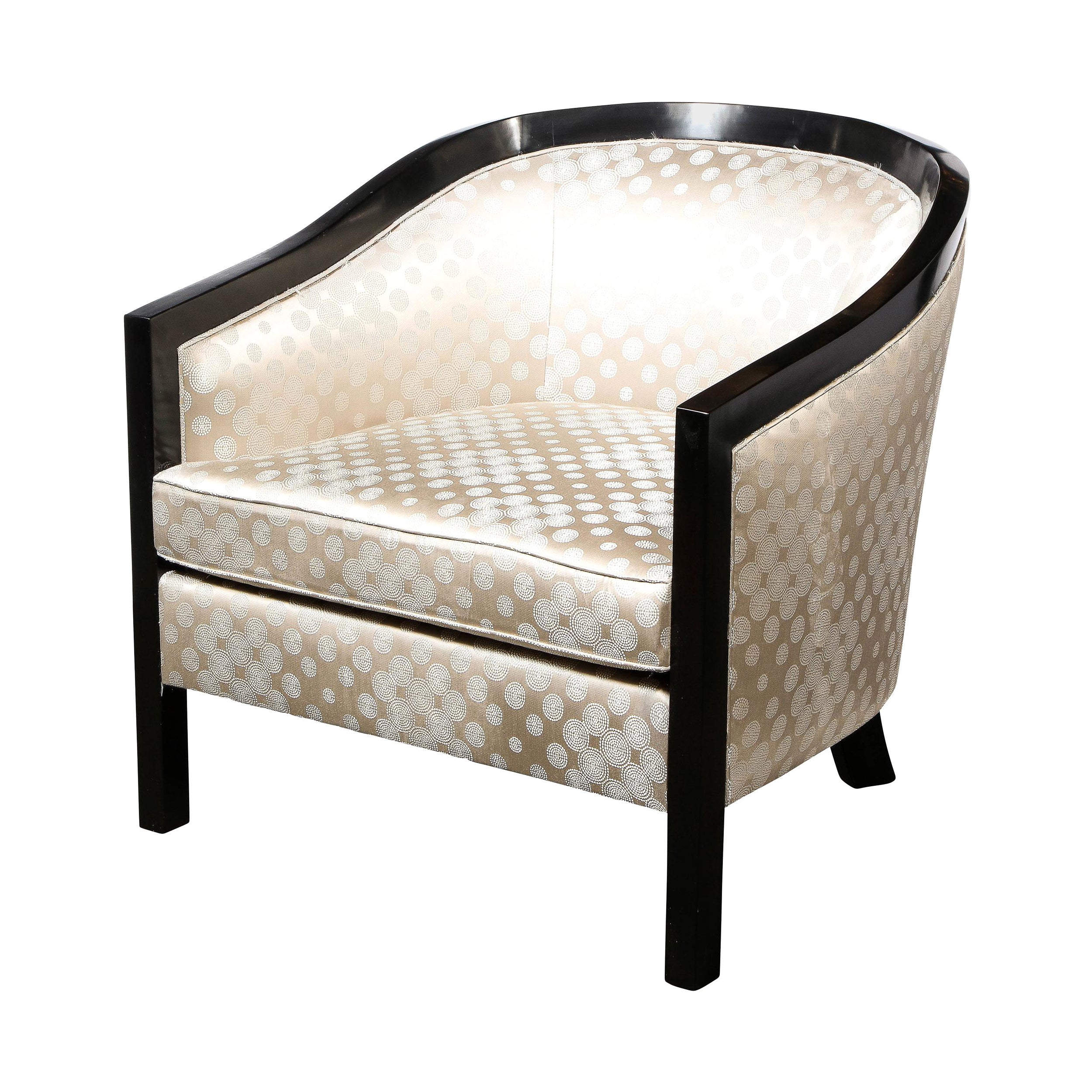 Mid-Century Modern Black Lacquer & Platinum Silk Barrel Back Chair by James Mont