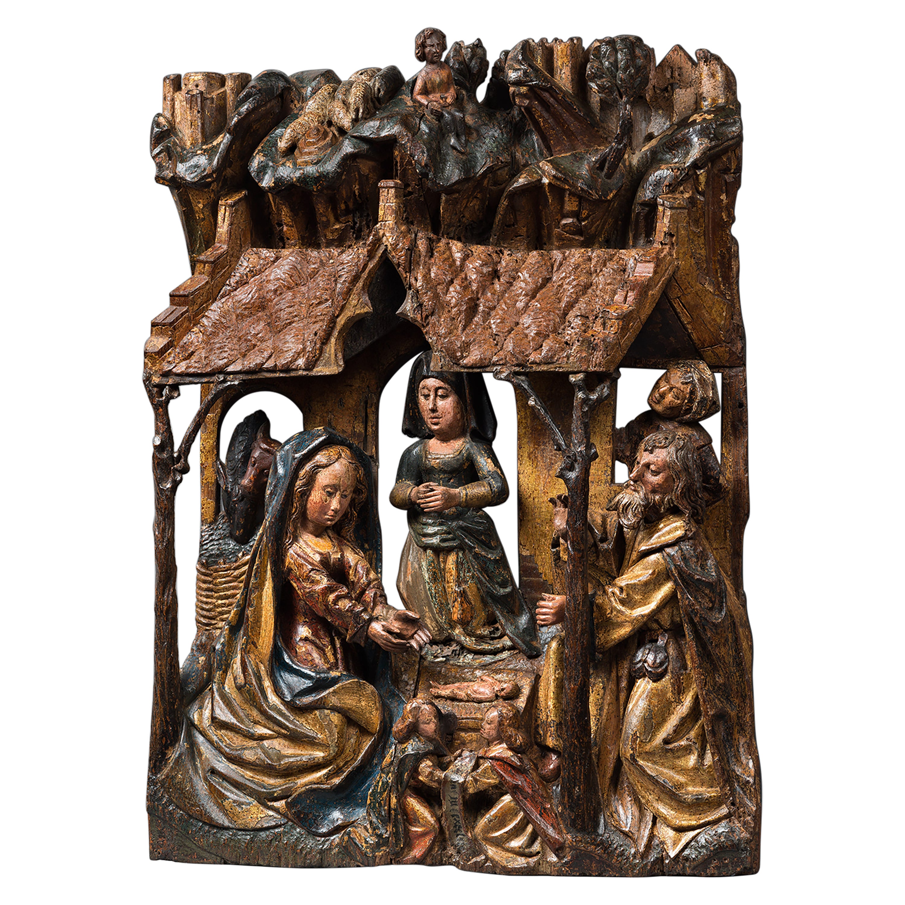 Late 15th Century Polychrome Wood Carving Depicting the Nativity For Sale