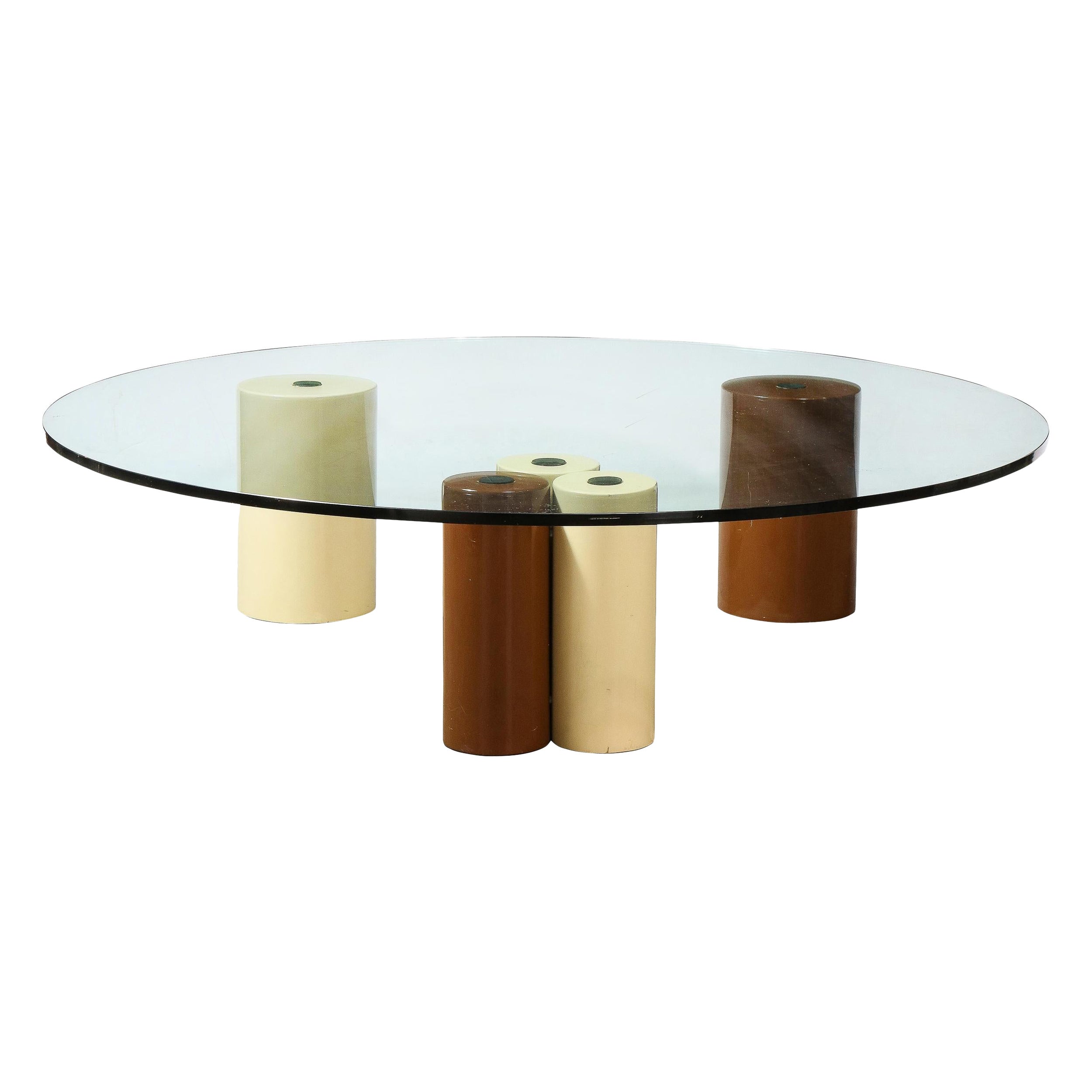 Modernist Cream and Ochre Enamel Pillar Cocktail Table by Saporiti For Sale