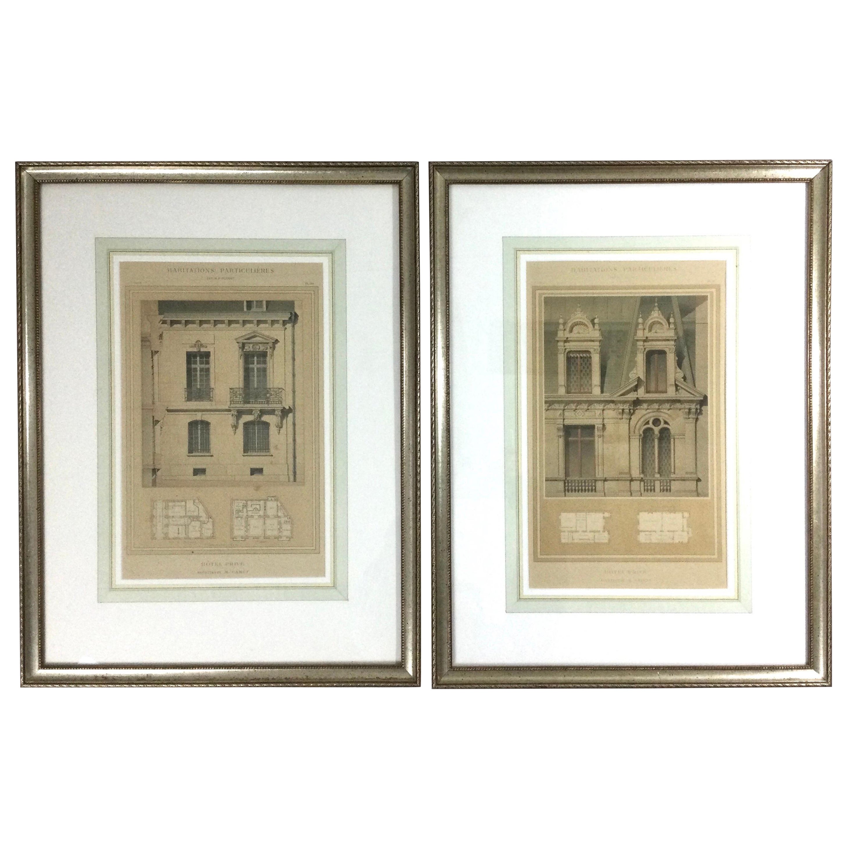 Paar antike architektonische Lithografiendrucke eines Hotels, Paul Planat Frankreich