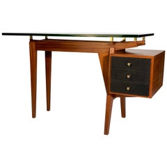 Vintage Borghi Mid-Century Italian Writing Desk Thick Glass Top Leather Drawers